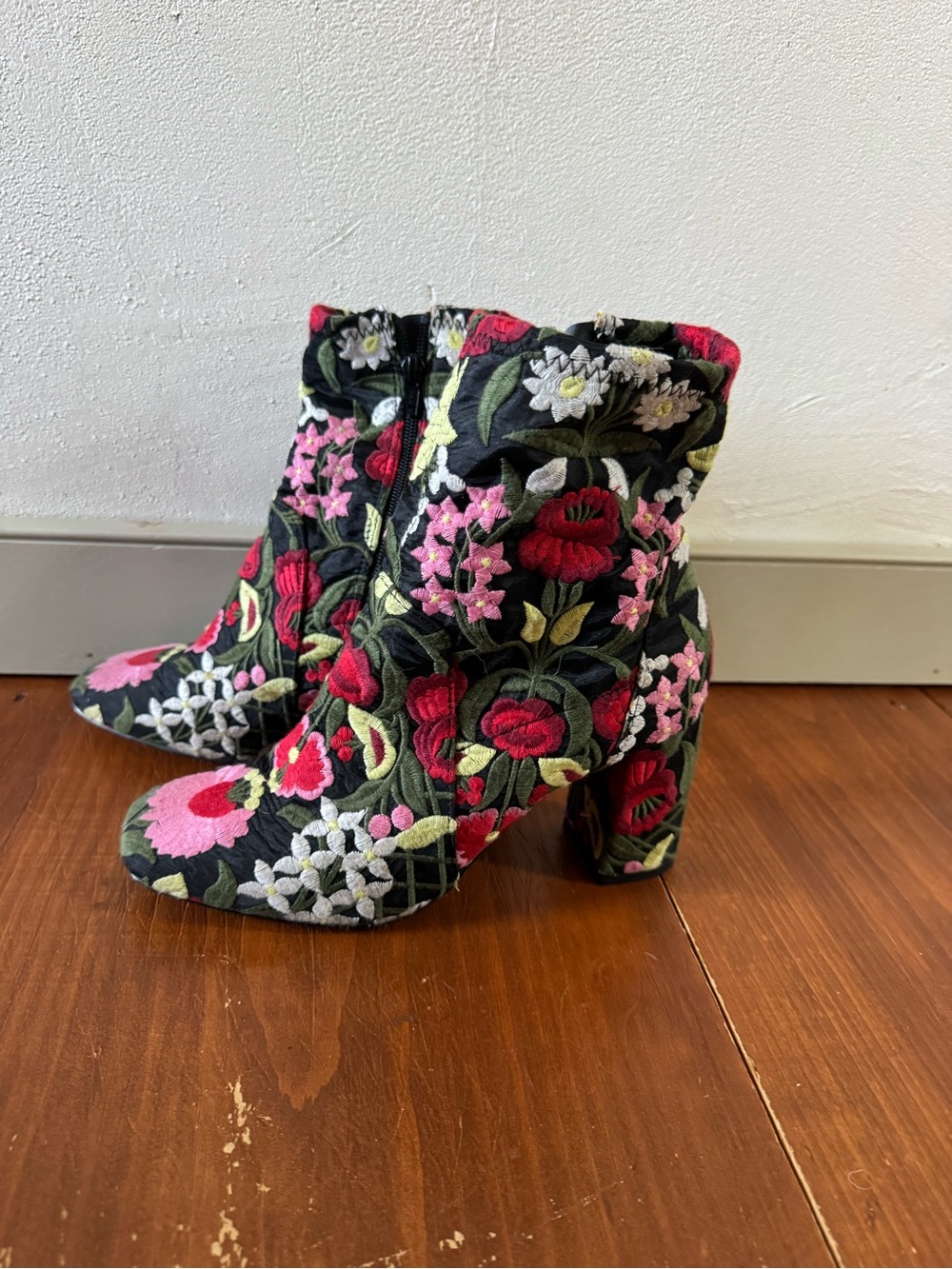 Floral Embroidered Block Heel Ankle Boots - Black with Pink & Red Flowers